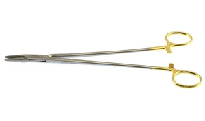Mayo-Hegar needle holder 9" straight serrated TC jaws gold ring handle (002211631)