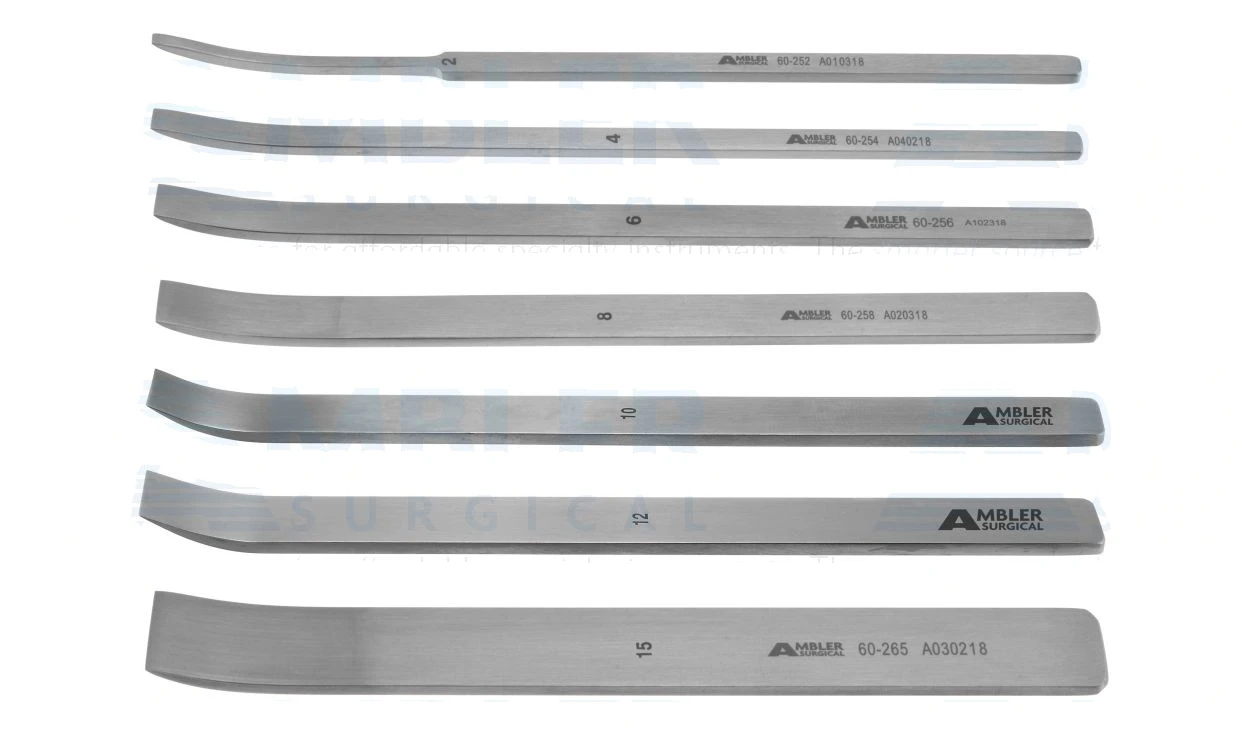 Swiss osteotome 5" curved set of 7 includes 2.0mm, 4.0mm, 6.0mm, 8.0mm, 10.0mm, 12.0mm and 15.0mm wide flat handle