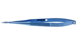Apt microsurgical needle holder 5 1/8" delicate, strongly curved 10.5mm TC dusted jaws 14.0mm from mid screw to tips round handle with lock titanium (003050151)