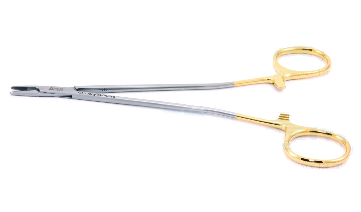 Cooley microvascular needle holder 6 3/4" delicate straight smooth TC jaws gold ring handle