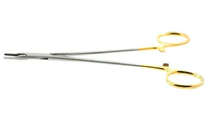 Intra-Cardiac needle holder 7" delicate straight 2.0mm serrated TC jaws gold ring handle (003050175)