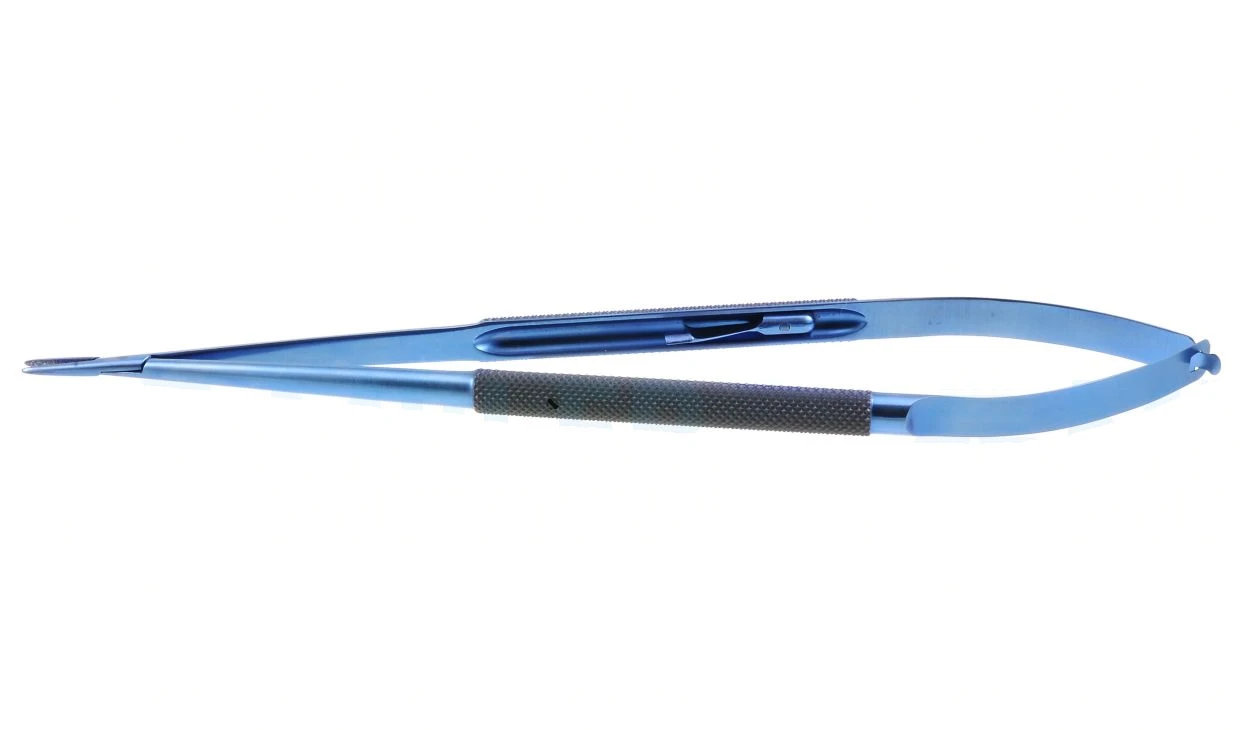 Jacobson slim-line needle holder 8 1/4" delicate straight, TC dusted jaws round handle, without lock titanium