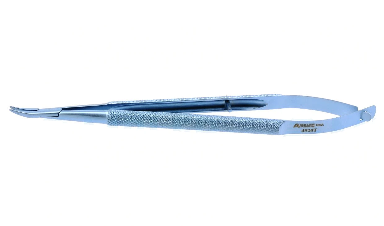 D&K Barraquer needle holder 5 3/8" medium curved 9.0mm smooth jaws round handle, without lock titanium