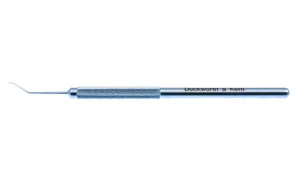 D&K nucleus rotator 4 3/4" angled shaft 10.0mm from bend to tip curved left 0.2mm x 0.3mm tip 1.75mm tip length left hand surgeon round handle titanium (999040302)