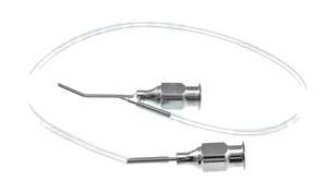 Gills-Welsh irrigating-aspirating cannula 23 gauge irrigation 25 gauge aspiration angled 30º 8.0mm from bend to tip, supplied with 10"of tubing and luer-lock adapter 23.0mm overall leng (011040020)