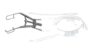 Knorz LASIK aspirating lid speculum adult size, open K-wire blades, nasal approach, adjustable thumb-screw tension, supplied with silicone tubing and luer-lock adapter (011040034)