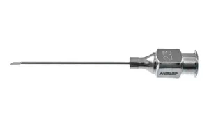 Osher irrigating implant hook cannula 30 gauge 24 gauge reinforced shaft angled 1.5mm from bend to tip, side port opening 23.0mm overall length excluding hub (005040058)