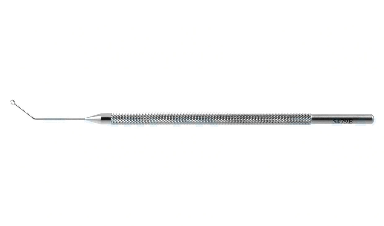 Rentsch capsule polishing curette 4 3/4" angled 135º shaft 11.0mm from bend to tip 1.75mm diameter ring, semi-sharp top and bottom edges round handle