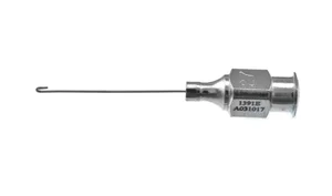 Thornton aspirating capsule polisher cannula 27 gauge straight 1.5mm wide U-shaped sandblasted tip for aspiration at the 12 o'clock position 23.0mm overall length excluding hub (016040225)